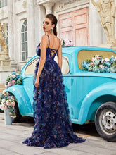 Women Summer Floral Printed Splice Dress With Ruffle Mesh Hem, Side Slit, Long Sleeveless Dress For Evening Party